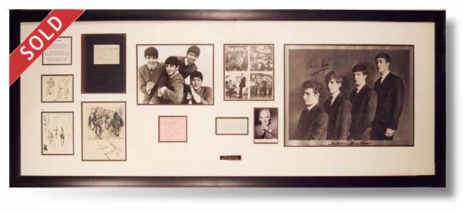 Meet The Beatles (all 6 of them). This magnificent piece contains the signatures of John Lennon, Paul McCartney, George Harrison, Ringo Starr, Pete Best and Stuart Sutcliffe as well as George Martin (Producer) and Brian Epstein (Manager). 