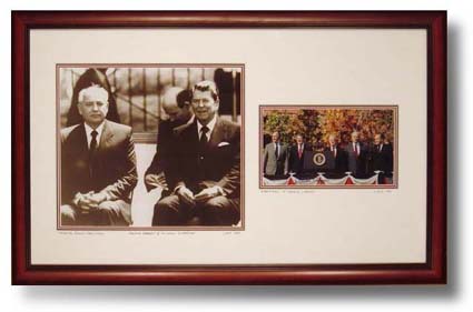 Reagan and Gorbachev with Photograph of The Five Presidents signed By Ronald Reagan